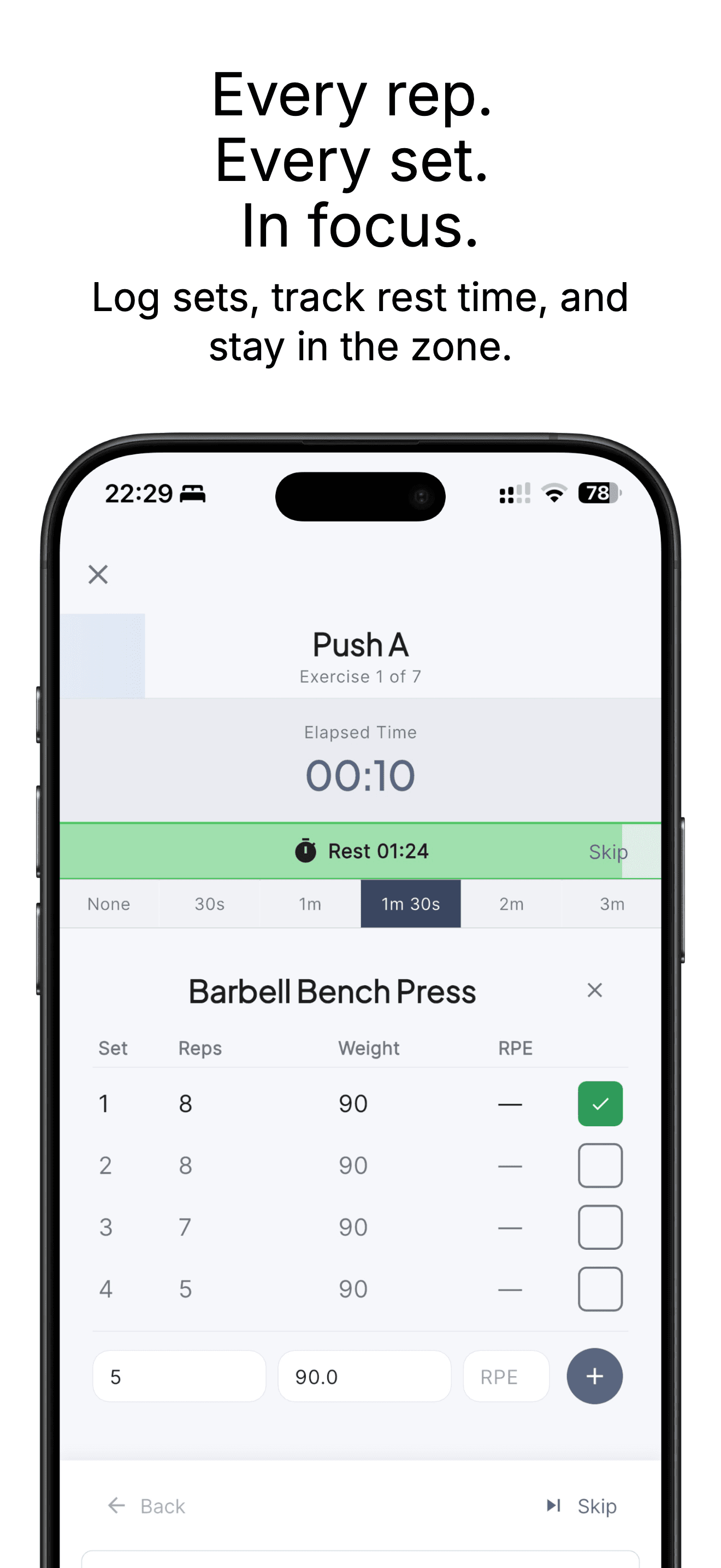 RepTribe active workout screen with rest timer and set logger