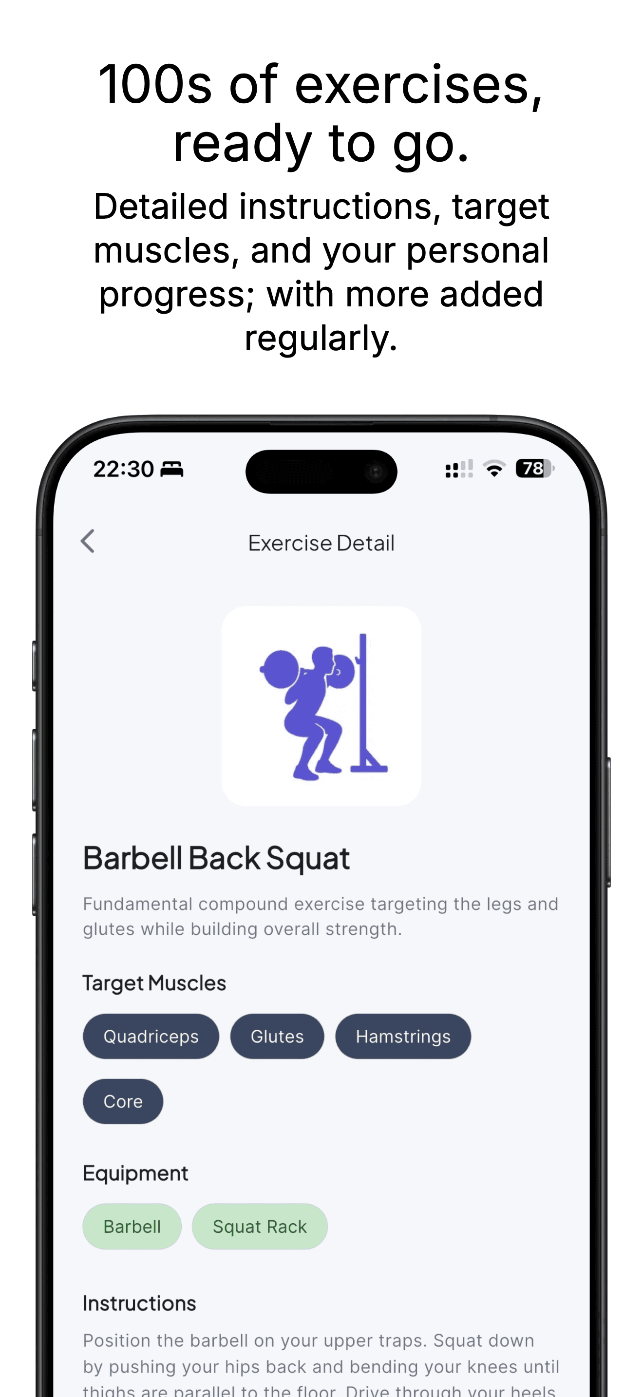 RepTribe exercise library showing Barbell Back Squat detail
