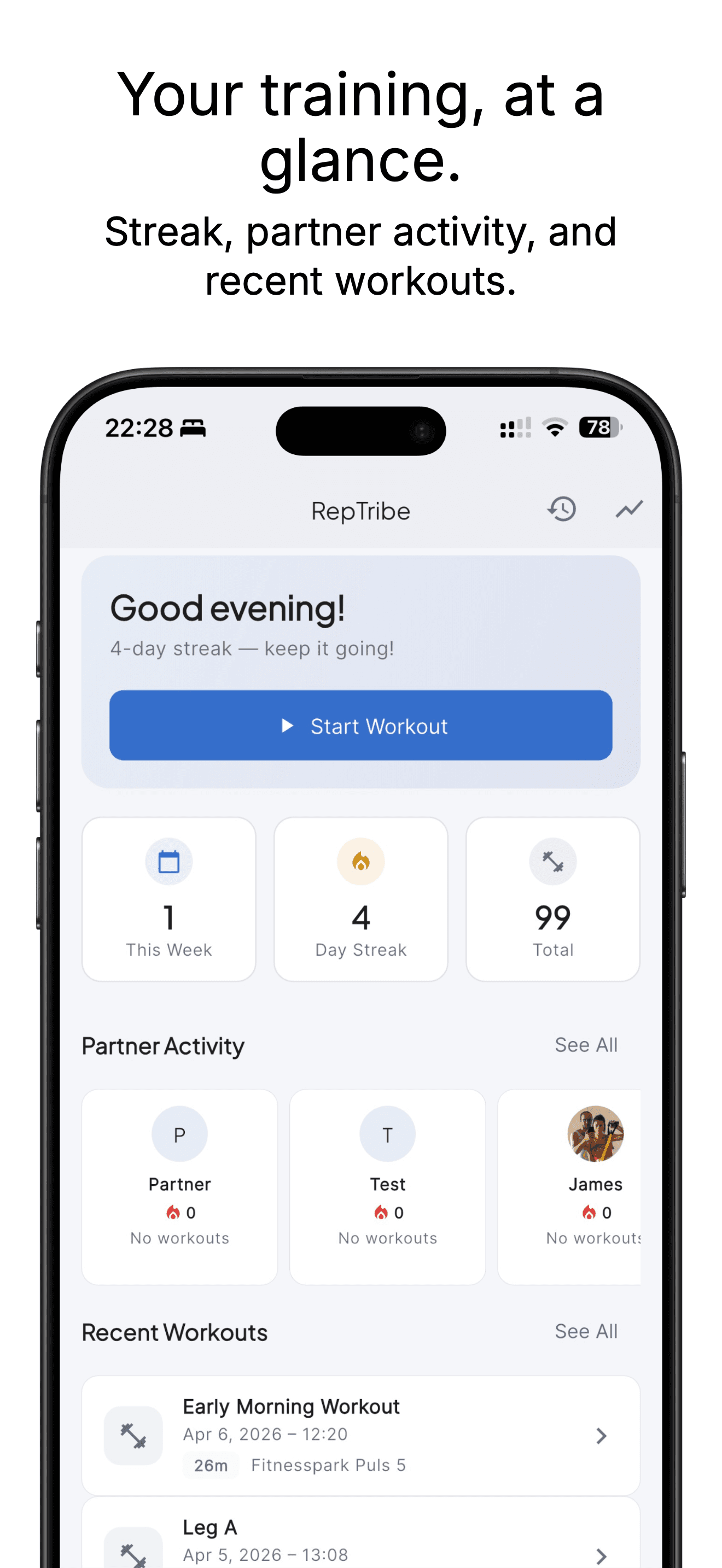 RepTribe home dashboard with streak and partner activity