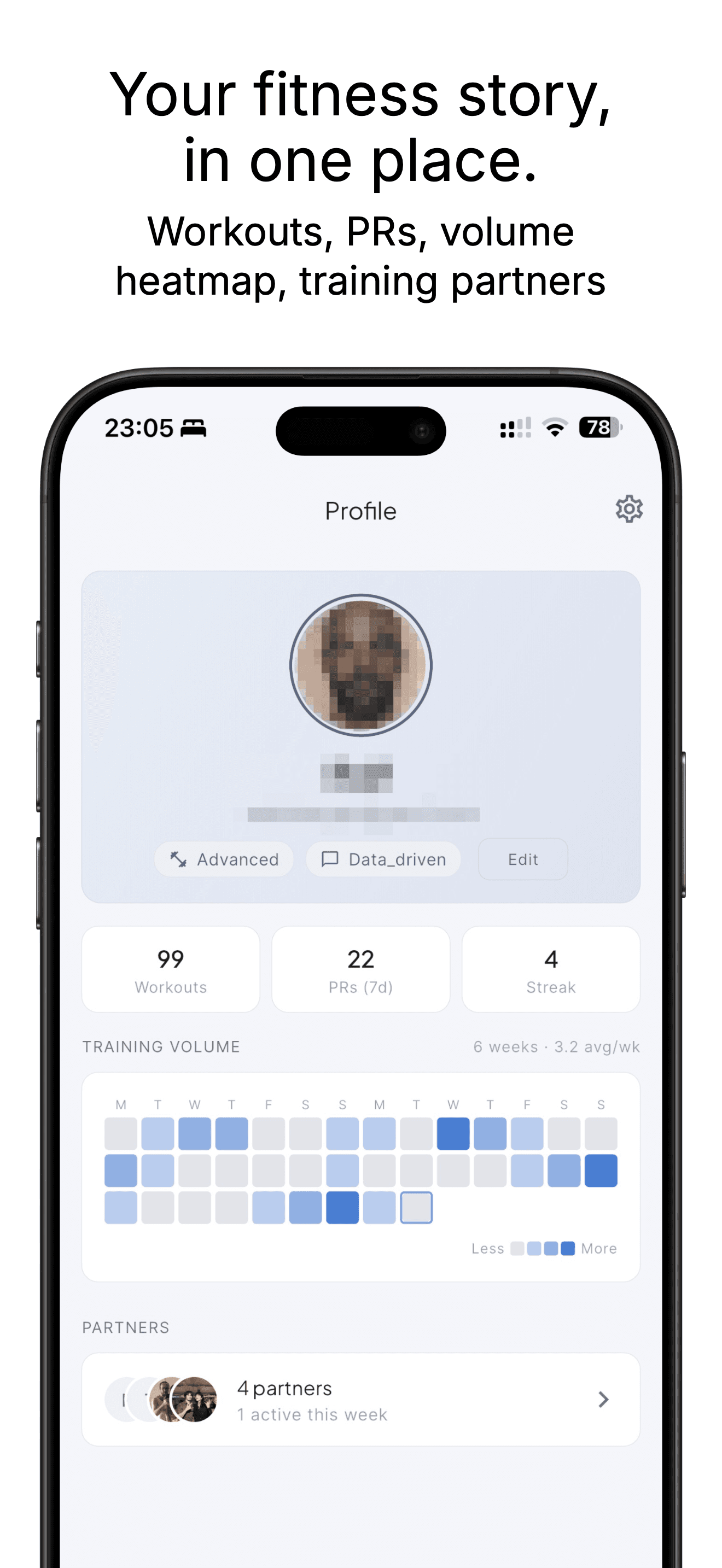 RepTribe profile screen with training volume heatmap
