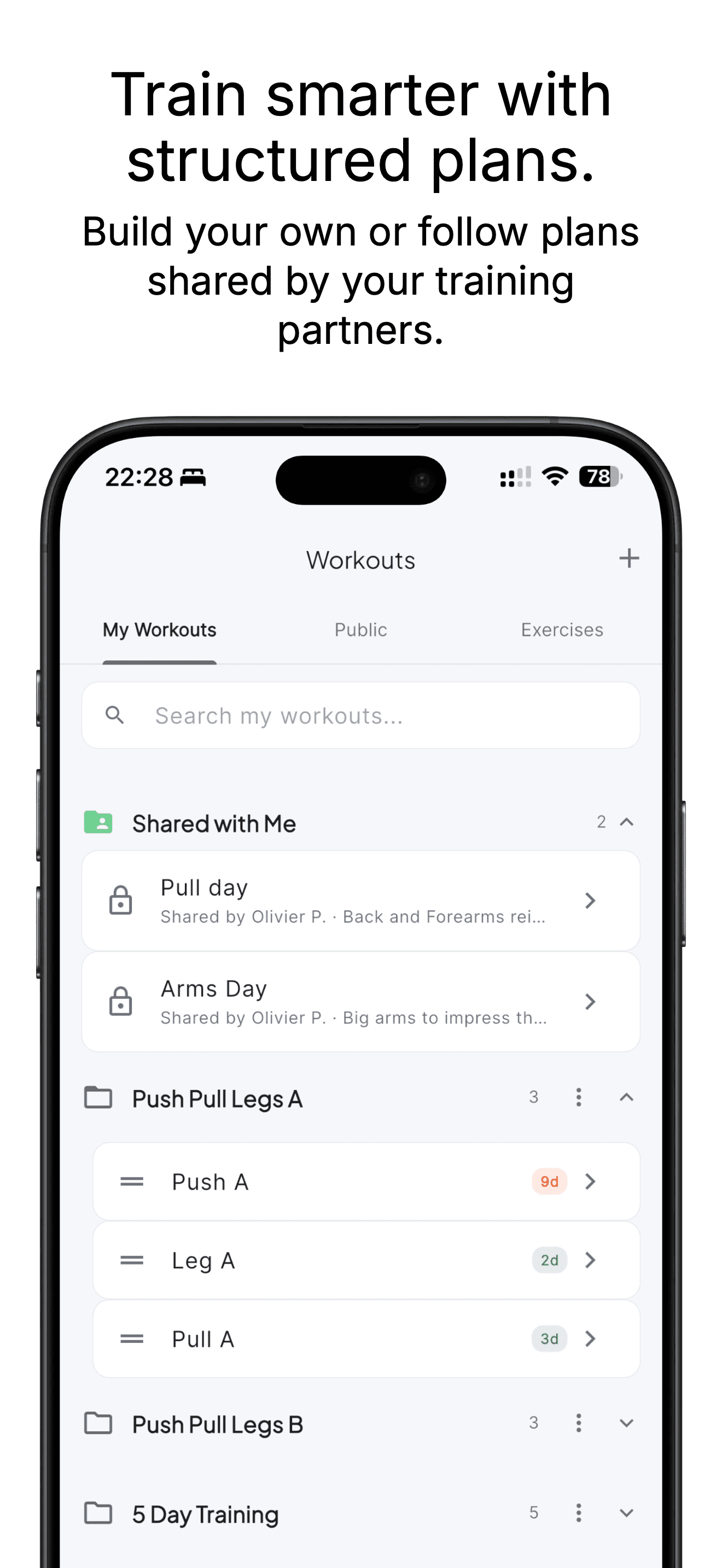 RepTribe workouts screen showing a training plan and shared templates
